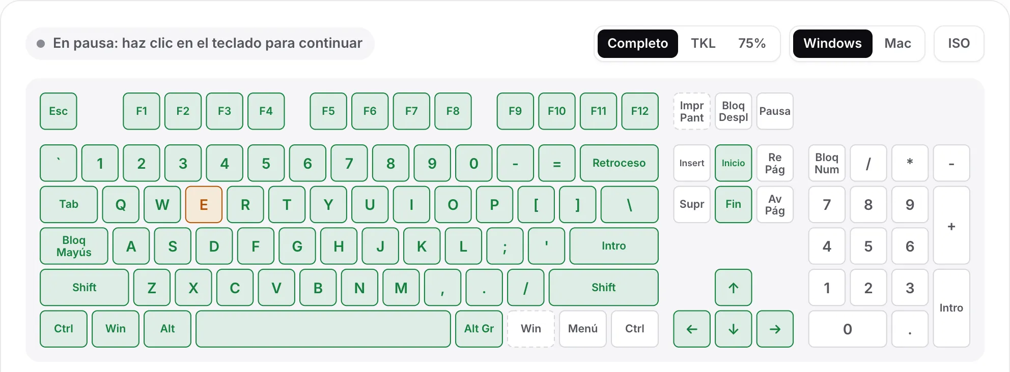 La prueba de teclado en pausa, con el estado gris “En pausa: haz clic en el teclado para continuar”