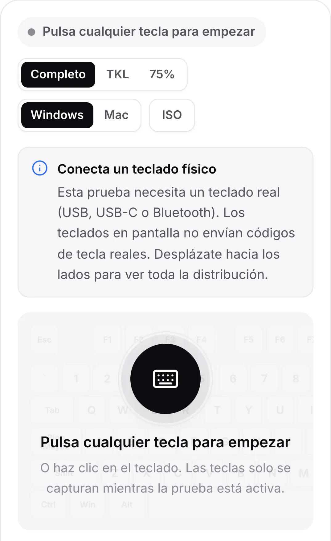 La prueba de teclado en un teléfono con el aviso “Conecta un teclado físico”