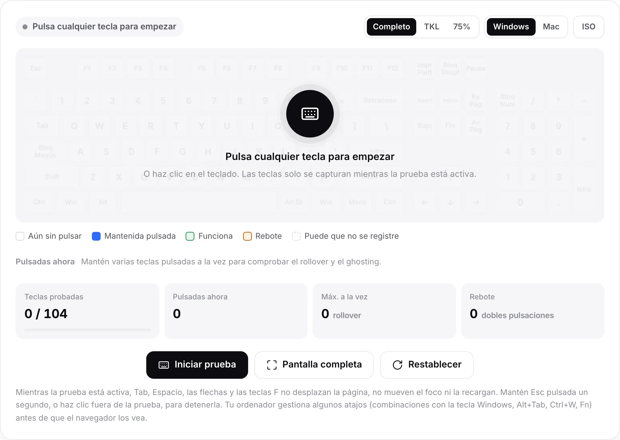 La prueba de teclado antes de empezar, con el mensaje “Pulsa cualquier tecla para empezar” sobre un teclado atenuado