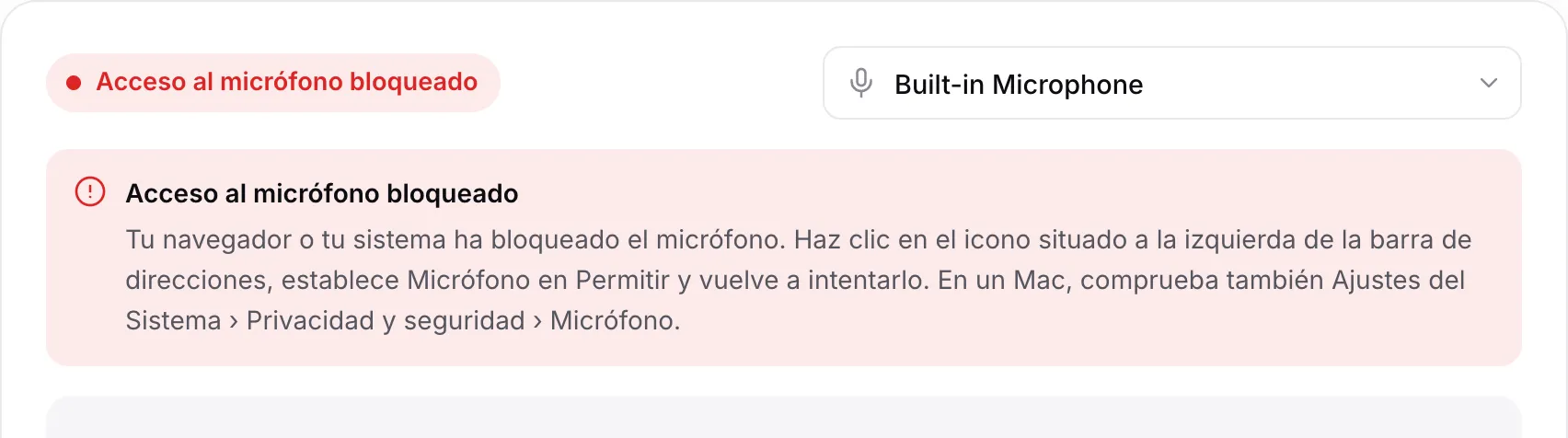 La prueba de micrófono mostrando el mensaje rojo “Acceso al micrófono bloqueado” con instrucciones