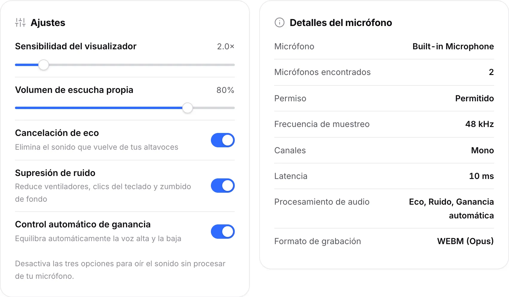 El panel de Ajustes con los interruptores de procesamiento de audio junto al panel de Detalles del micrófono
