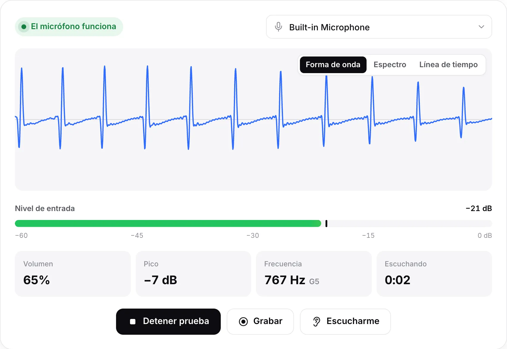 Un micrófono que funciona: forma de onda en movimiento, nivel de entrada de unos −26 dB y el estado verde “El micrófono funciona”