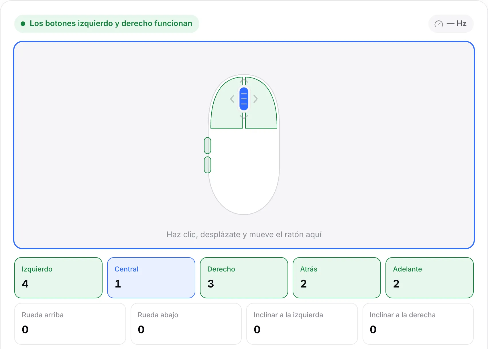 El dibujo del ratón con los botones izquierdo, derecho y laterales en verde, el botón central pulsado en azul y un contador de clics para cada botón