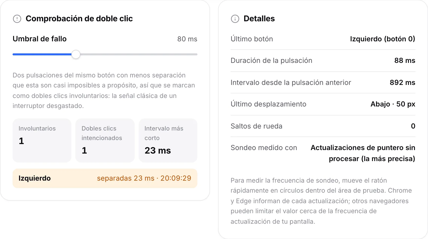El panel Comprobación de doble clic con un doble clic involuntario en el botón izquierdo y un doble clic intencionado, junto al panel de Detalles