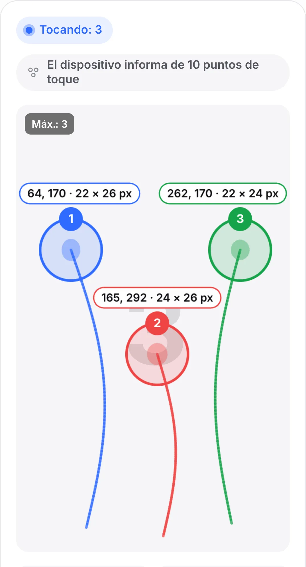 Modo Estelas: tres dedos arrastrados hacia arriba dejan líneas suaves azul, roja y verde que terminan en sus círculos numerados