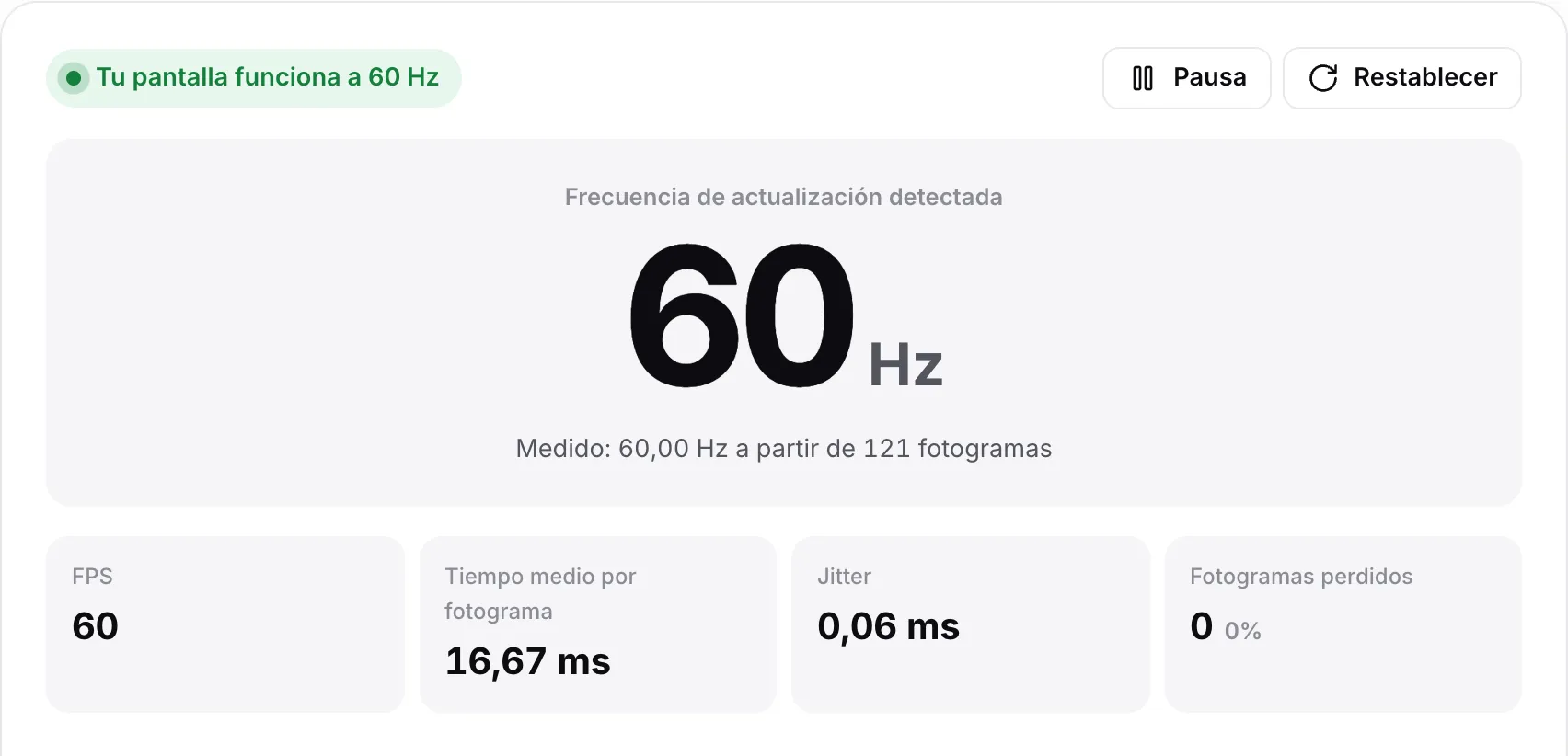 El resultado “Tu pantalla funciona a 60 Hz”: 60 Hz en letra grande, 60 FPS, 16,67 ms de tiempo medio por fotograma, jitter inferior a 0,1 ms y ningún fotograma perdido