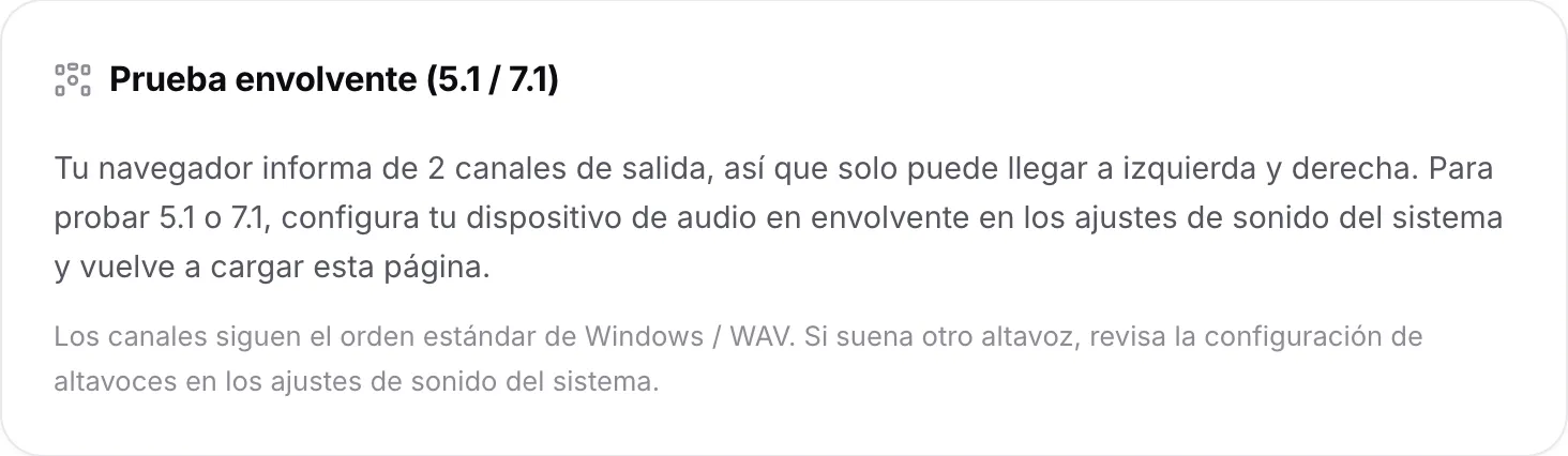 La prueba envolvente explicando que el navegador informa de 2 canales de salida, por lo que solo puede llegar a izquierda y derecha