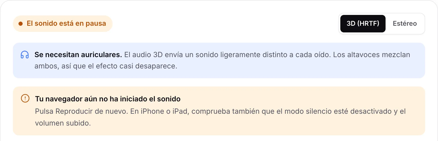 La prueba de audio 3D mostrando el estado naranja “El sonido está en pausa” y el aviso “Tu navegador aún no ha iniciado el sonido”