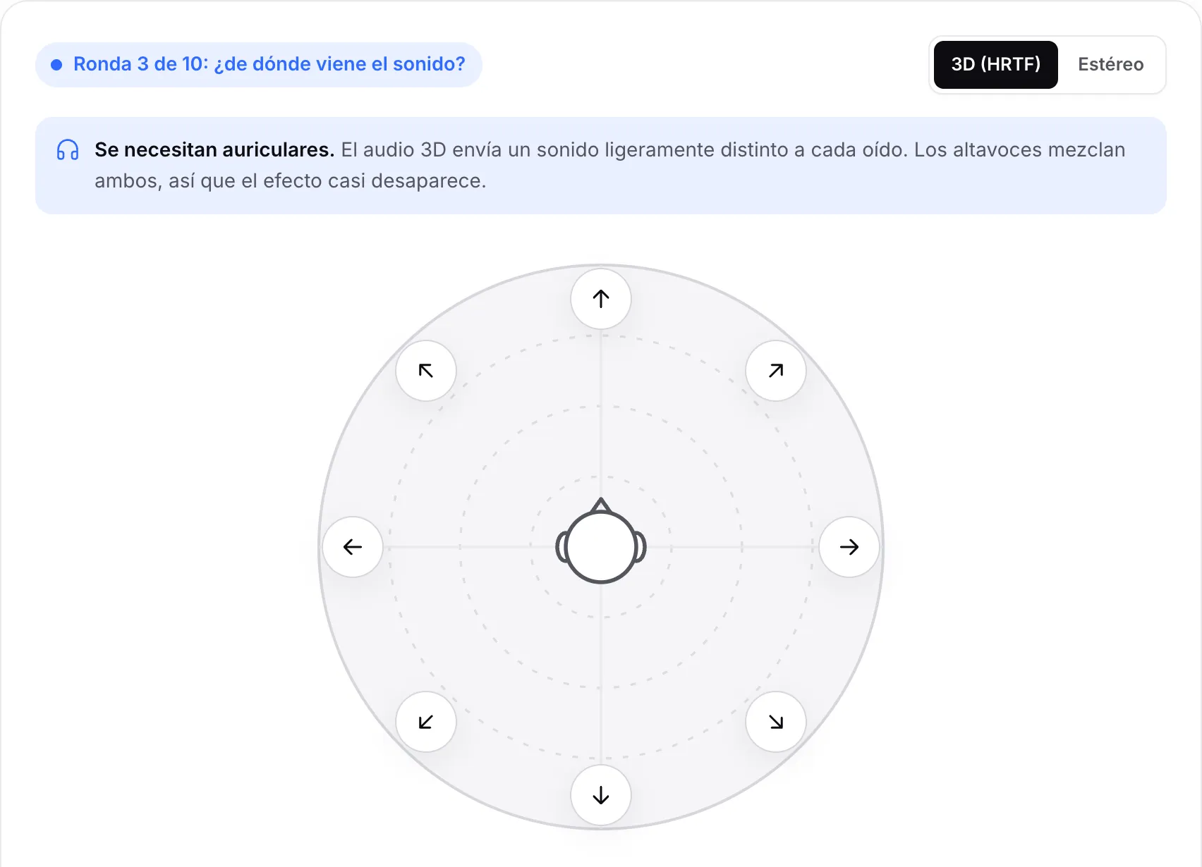 Ronda 3 de 10 del juego: ocho botones de flecha alrededor de la cabeza, esperando a que elijas la dirección del sonido
