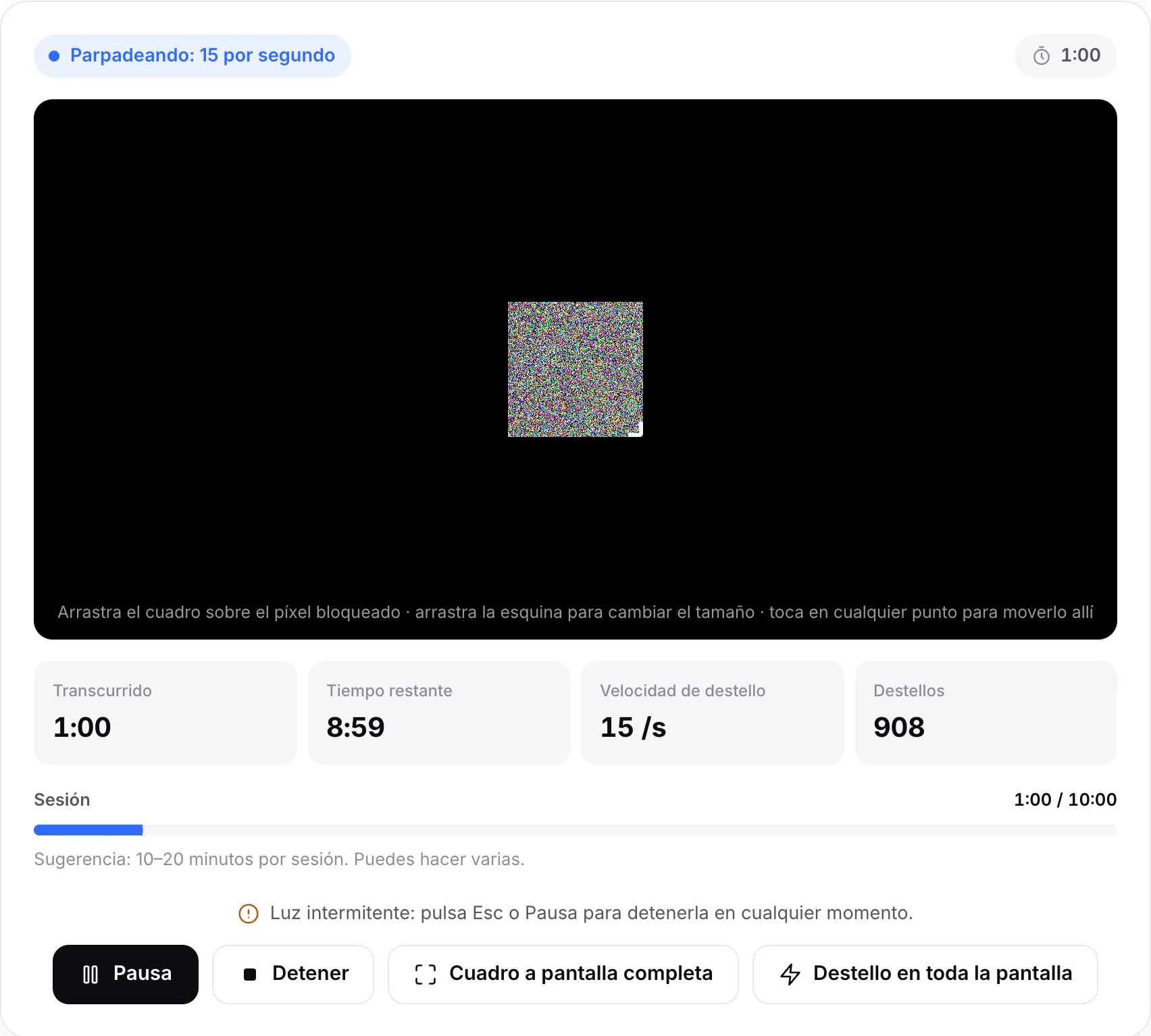 El reparador parpadeando a 15 por segundo, con 1:00 transcurrido, 8:59 restantes de una sesión de 10 minutos y la barra de progreso de la sesión