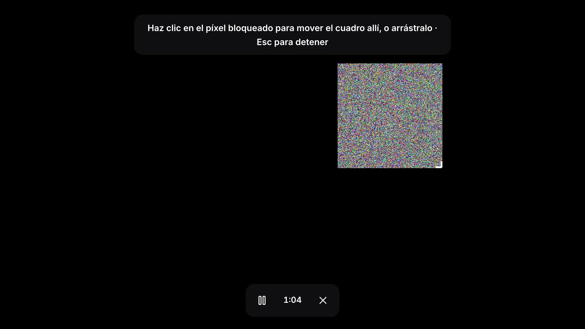 Modo de cuadro a pantalla completa: un cuadro de ruido parpadeante sobre una pantalla negra, la indicación “Haz clic en el píxel bloqueado para mover el cuadro allí, o arrástralo · Esc para detener” y una barra de herramientas con el tiempo transcurrido