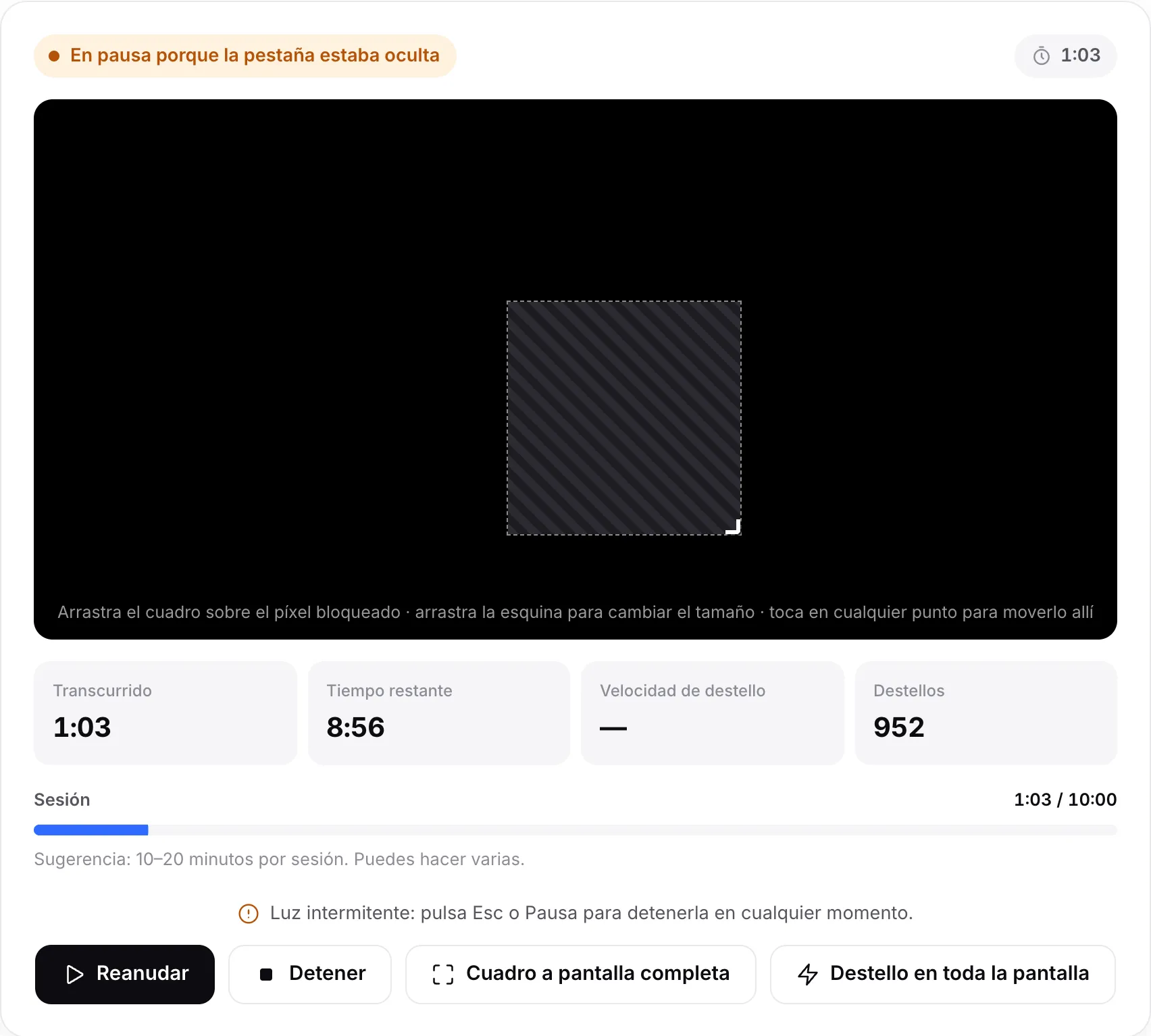 El reparador en pausa con el estado “En pausa porque la pestaña estaba oculta”, el cuadro sin parpadear y un botón Reanudar