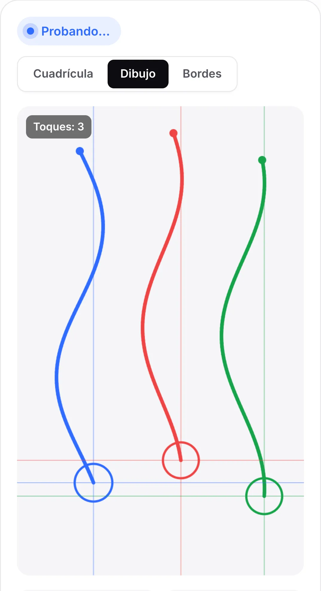 El modo Dibujo con tres líneas onduladas suaves en azul, rojo y verde, una por dedo, cada una terminando en un anillo bajo el dedo