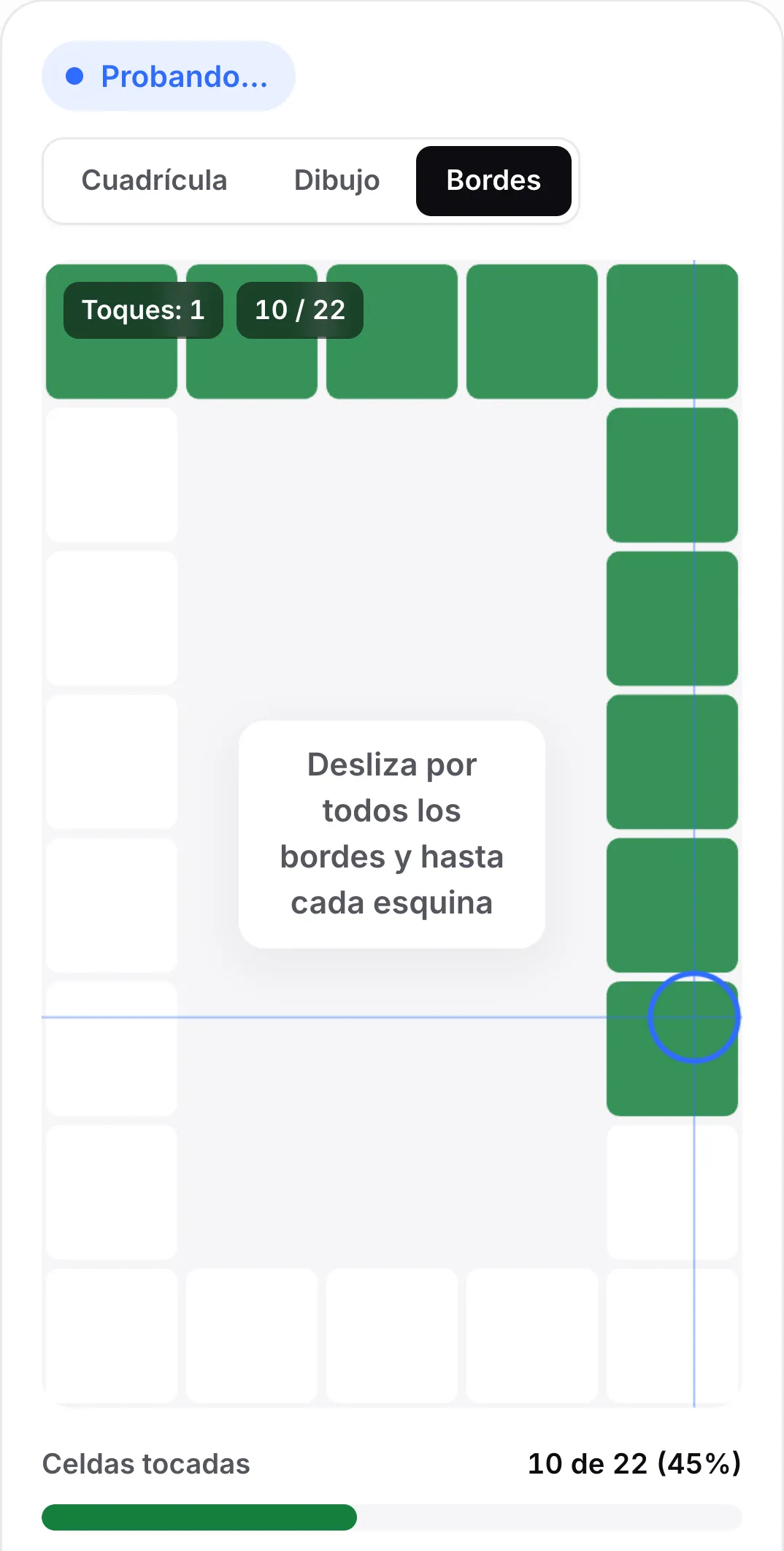 El modo Bordes: un marco de celdas alrededor del borde con la fila superior y el lado derecho en verde y la indicación “Desliza por todos los bordes y hasta cada esquina”