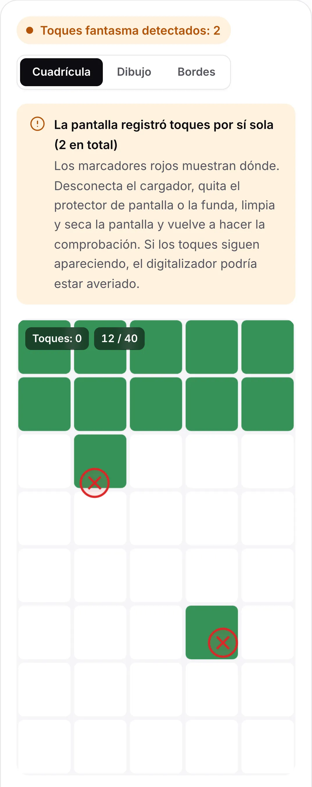Resultado de la comprobación de toques fantasma: el estado naranja “Toques fantasma detectados: 2”, el consejo de desconectar el cargador y limpiar la pantalla y dos marcadores rojos en la cuadrícula