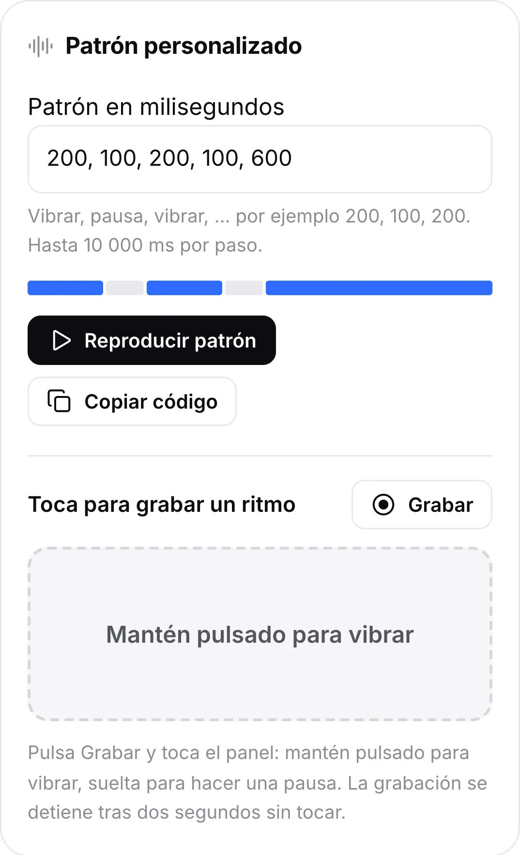 La tarjeta Patrón personalizado con el patrón 200, 100, 200, 100, 600, su barra de vista previa, los botones Reproducir patrón y Copiar código y el panel táctil para grabar un ritmo