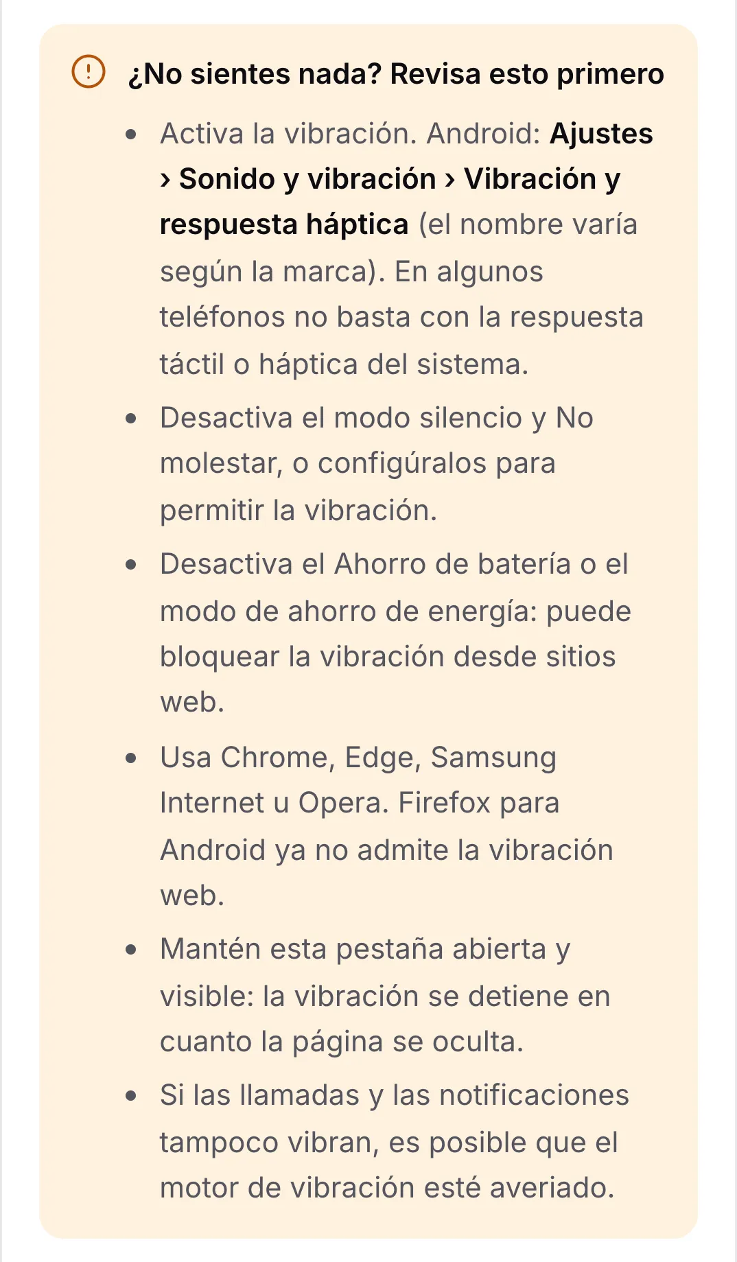 La lista de comprobación “¿No sientes nada? Revisa esto primero” con seis consejos, empezando por activar la vibración en los ajustes de Android