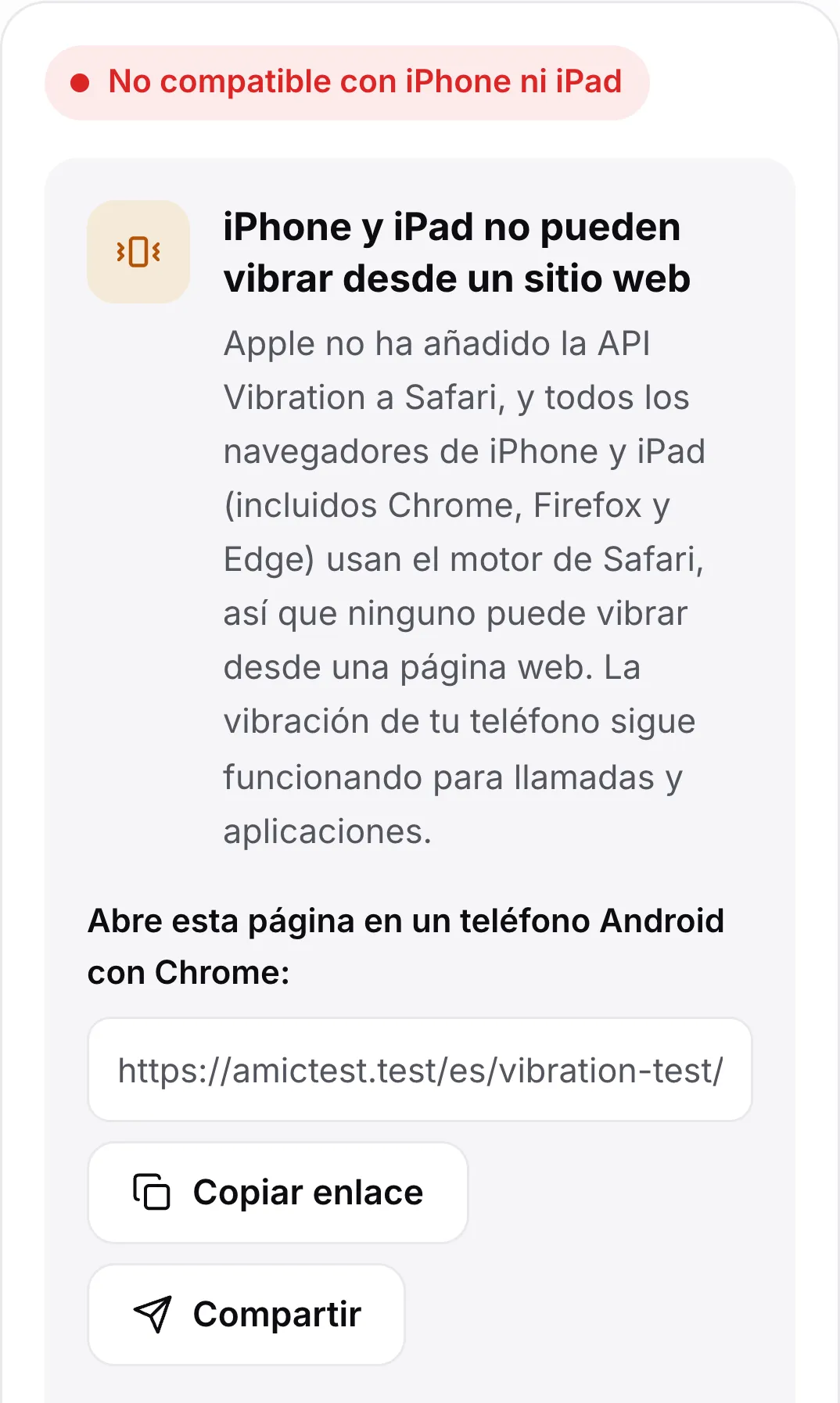 La prueba de vibración en un iPhone: el estado rojo “No compatible con iPhone ni iPad”, una explicación y un enlace para abrir la página en un teléfono Android