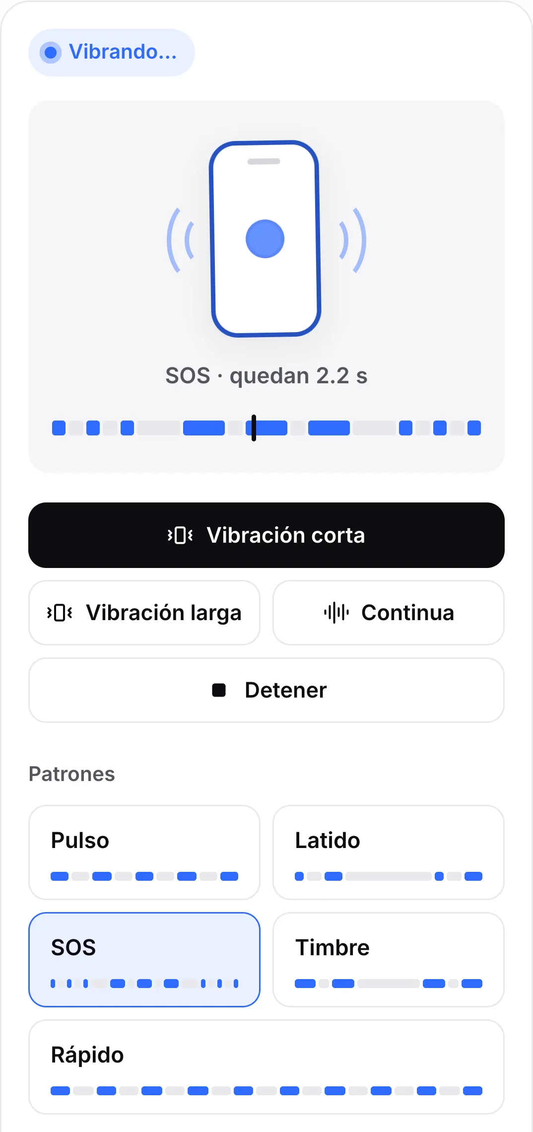 El patrón SOS en marcha: su botón está resaltado y la línea de tiempo sobre los botones muestra vibraciones cortas y largas con el cabezal en una vibración larga