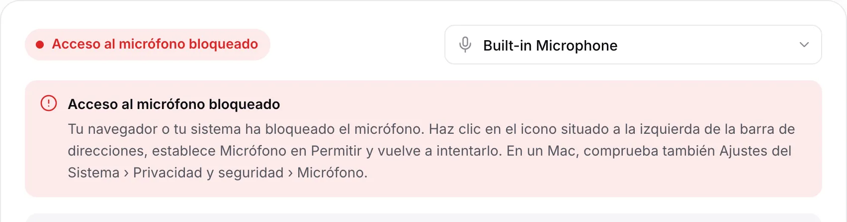 El afinador mostrando el mensaje rojo “Acceso al micrófono bloqueado” con instrucciones
