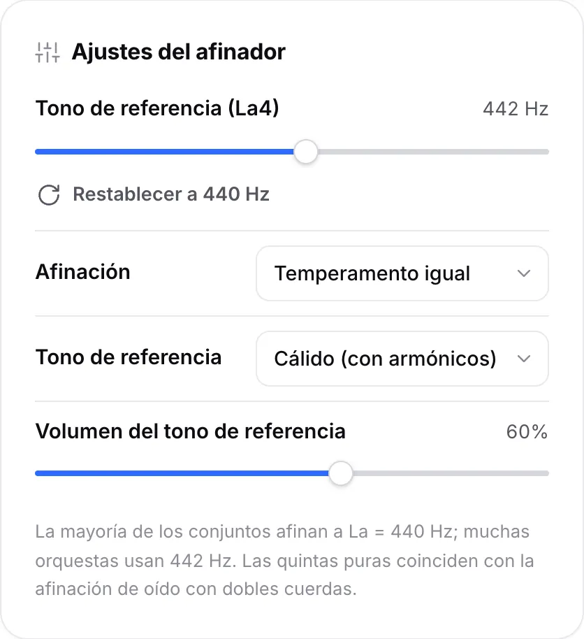 Ajustes del afinador con el control del tono de referencia (La4) en 442 Hz, el menú de afinación y las opciones del tono de referencia