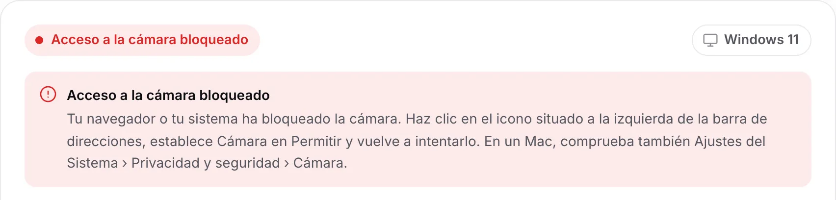 El buscador de controladores de webcam mostrando el mensaje rojo “Acceso a la cámara bloqueado” con instrucciones