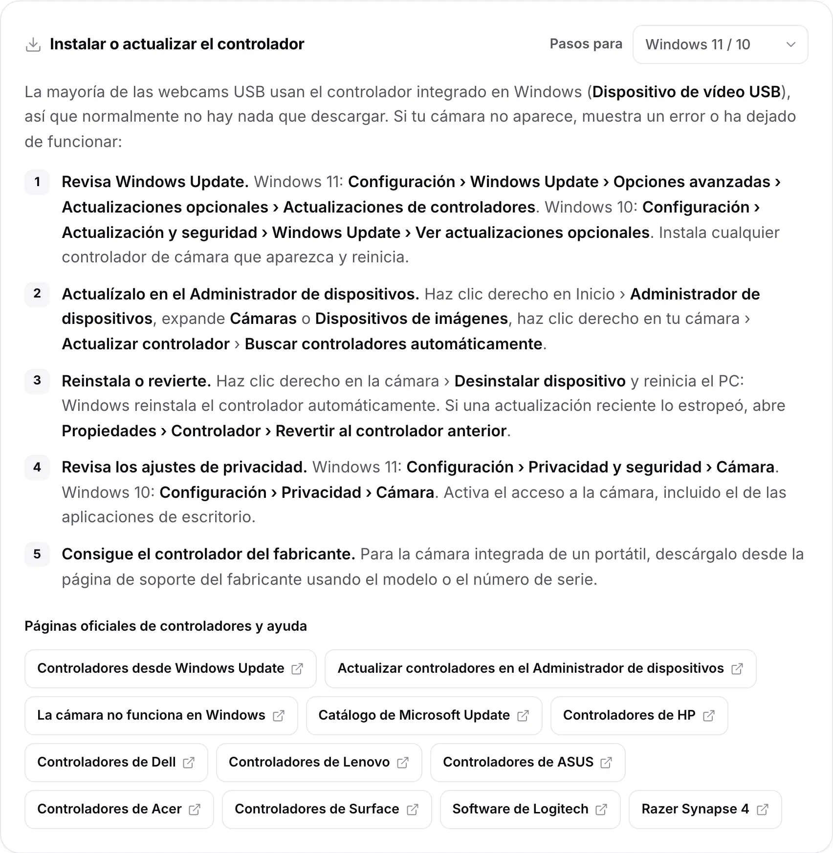 La tarjeta Instalar o actualizar el controlador con los pasos para Windows 11 / 10 y enlaces a páginas oficiales de controladores y ayuda