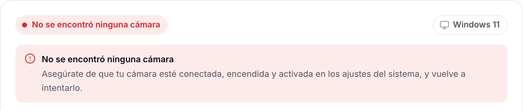 El buscador de controladores de webcam mostrando “No se encontró ninguna cámara” con el consejo de comprobar que la cámara esté conectada, encendida y activada
