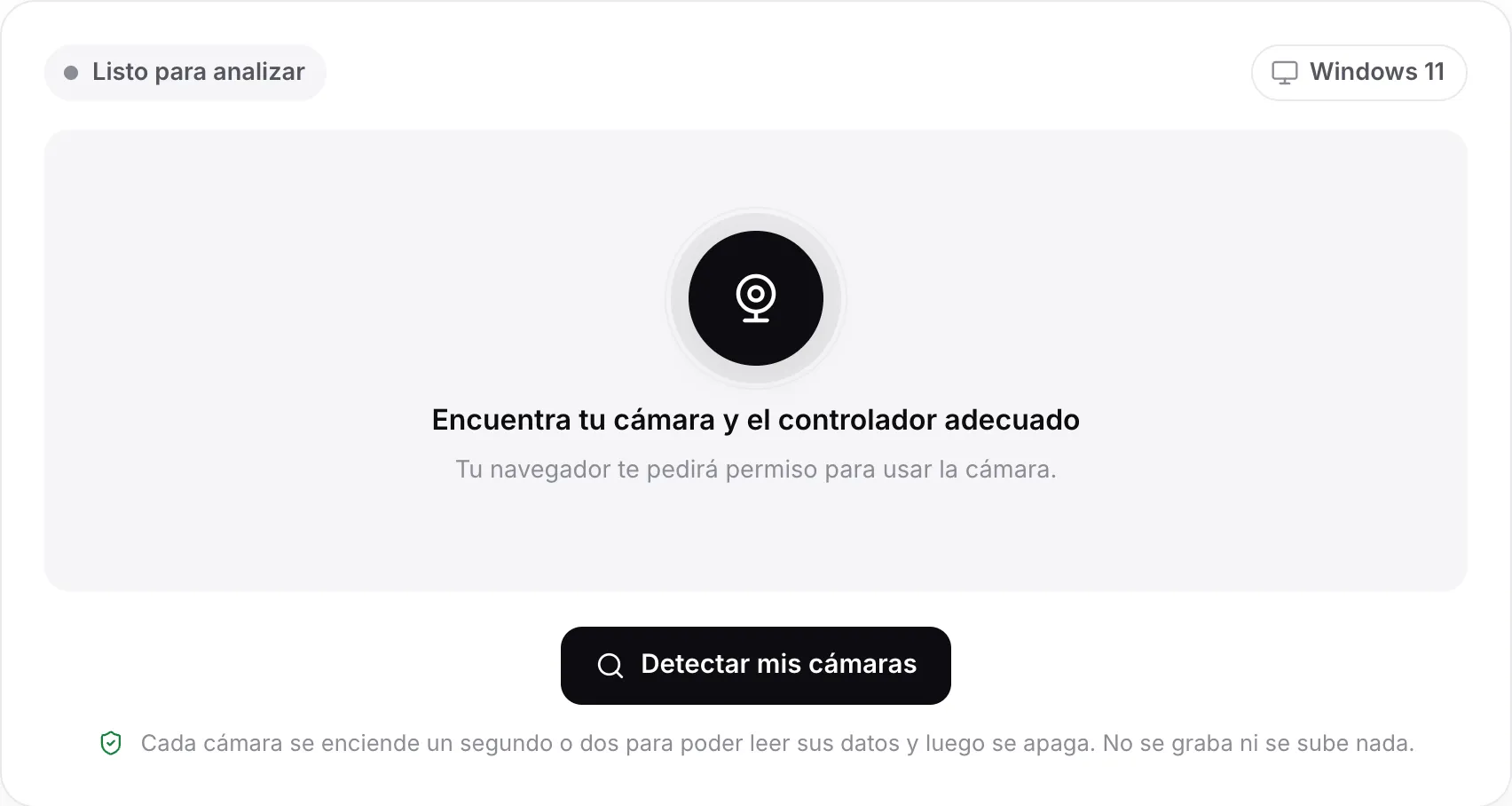El buscador de controladores de webcam antes de un análisis, con el botón Detectar mis cámaras y el sistema detectado, Windows 11