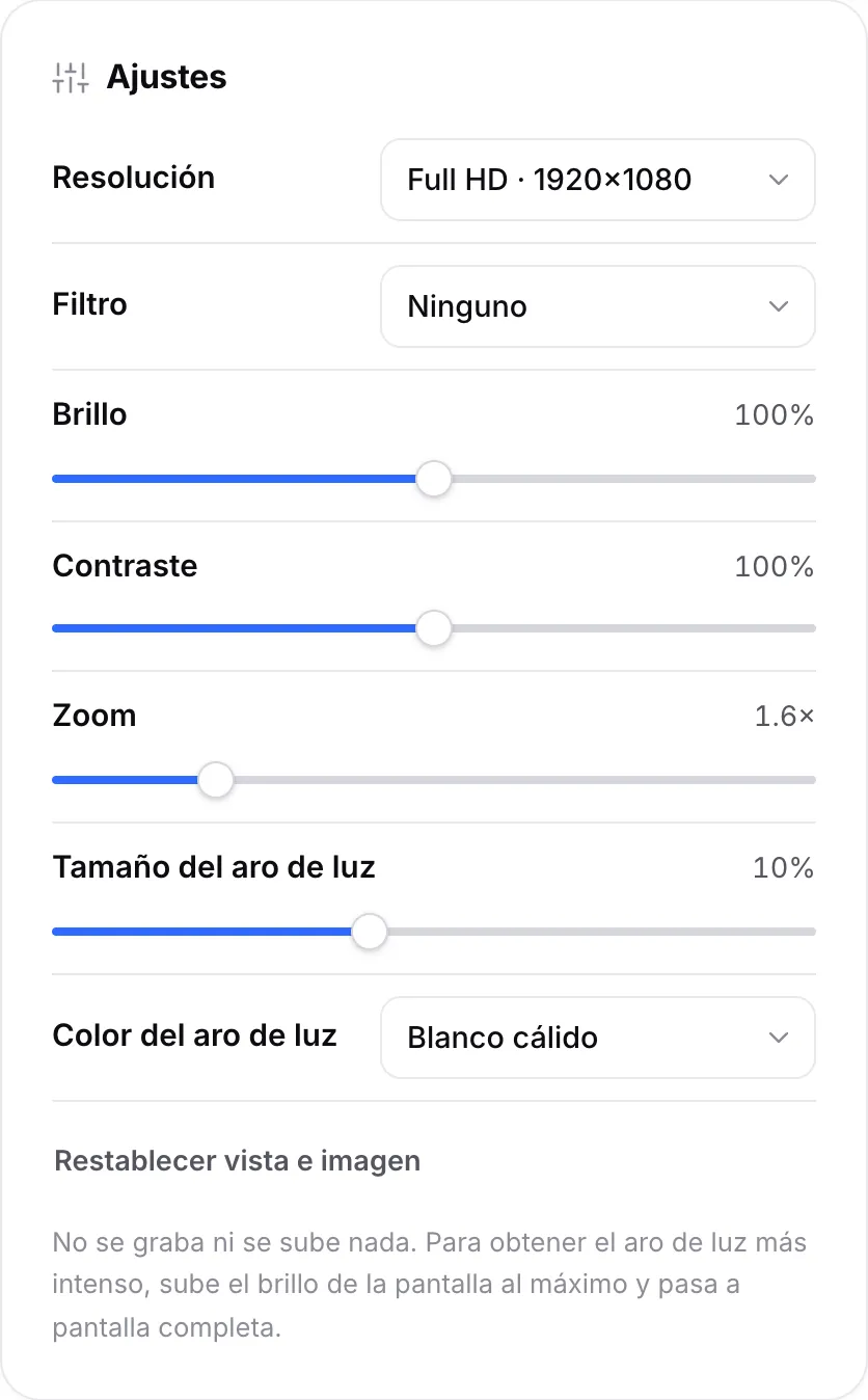 Ajustes del espejo con brillo, contraste, zoom a 1,6×, tamaño del aro de luz al 10 % y color del aro de luz Blanco cálido