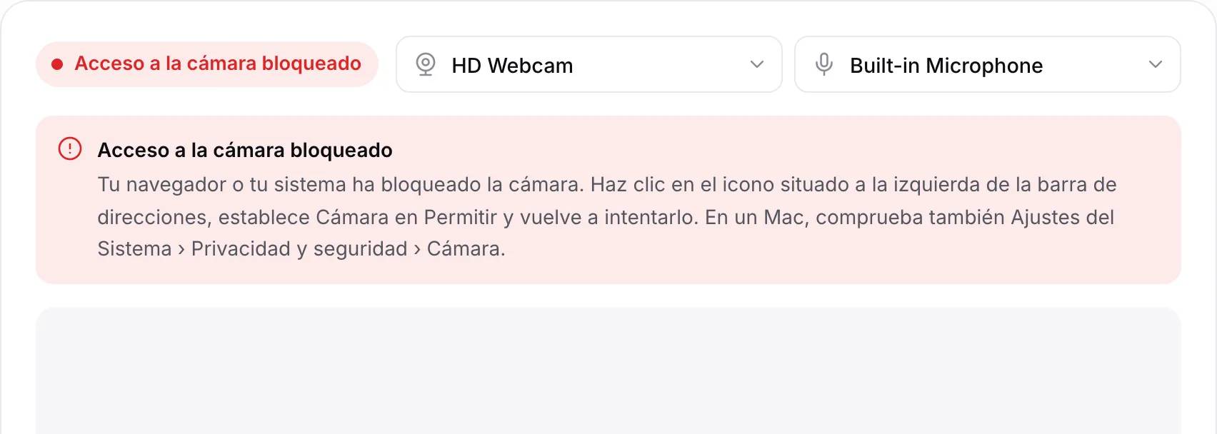 El grabador de webcam mostrando el mensaje rojo “Acceso a la cámara bloqueado” con instrucciones