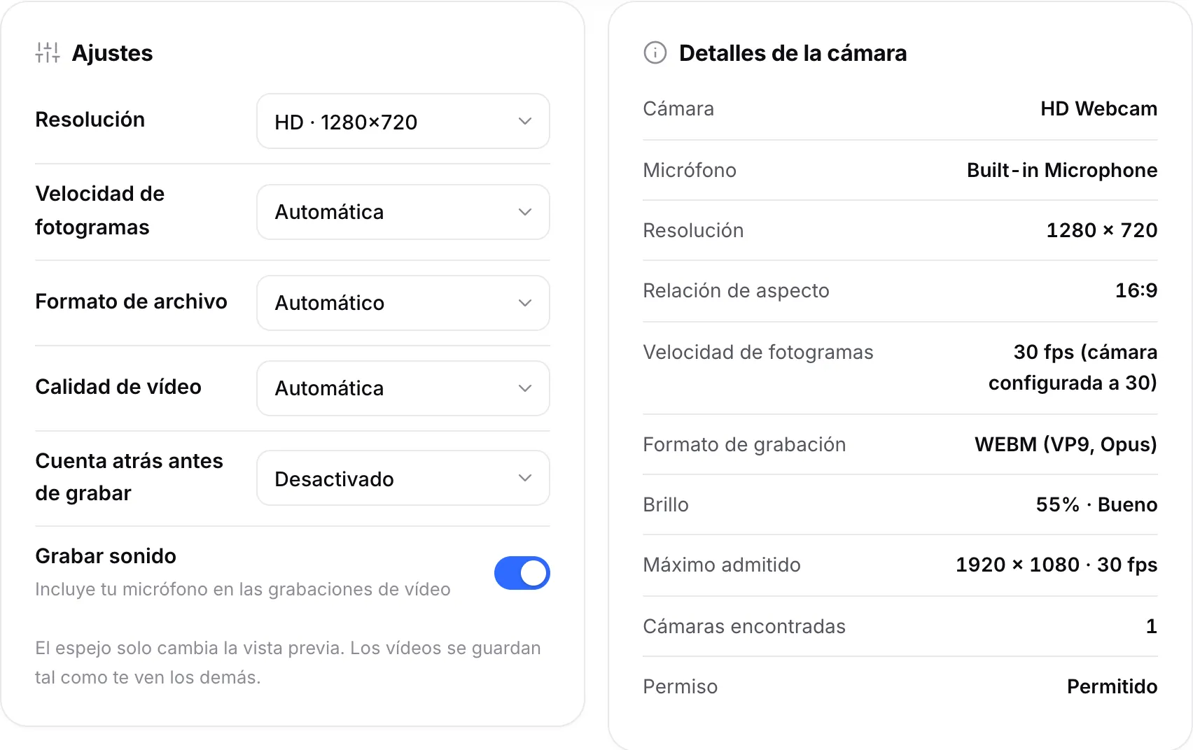 Ajustes de grabación junto a los Detalles de la cámara, que muestran 1280 × 720, 30 fps y el formato de grabación WEBM (VP9, Opus)
