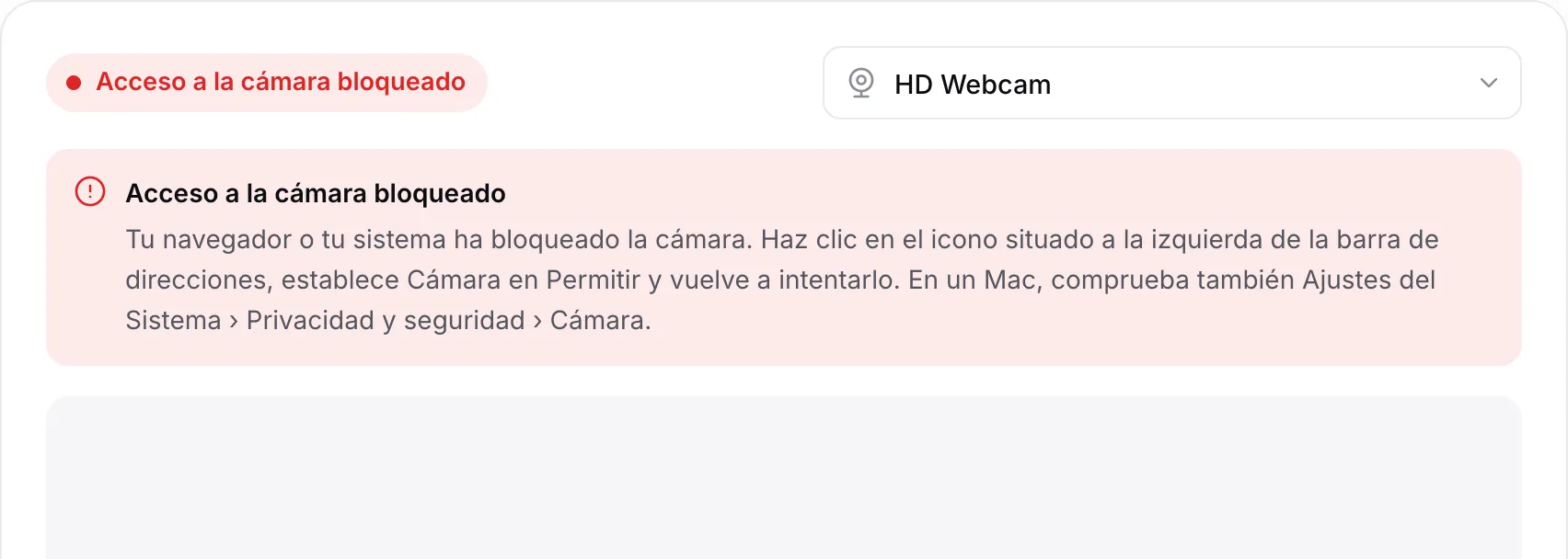 La prueba de webcam mostrando el mensaje rojo “Acceso a la cámara bloqueado” con instrucciones