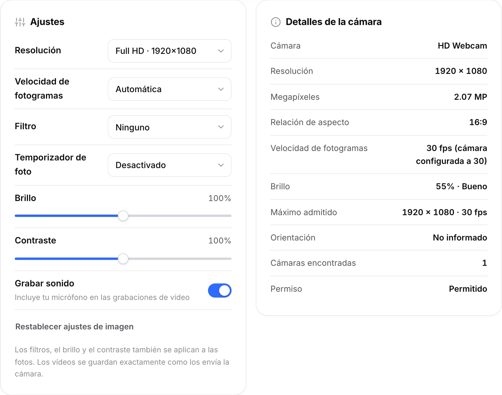 Ajustes con la resolución establecida en Full HD junto a los Detalles de la cámara, que muestran 1920 × 1080, 30 fps y brillo 55% · Bueno