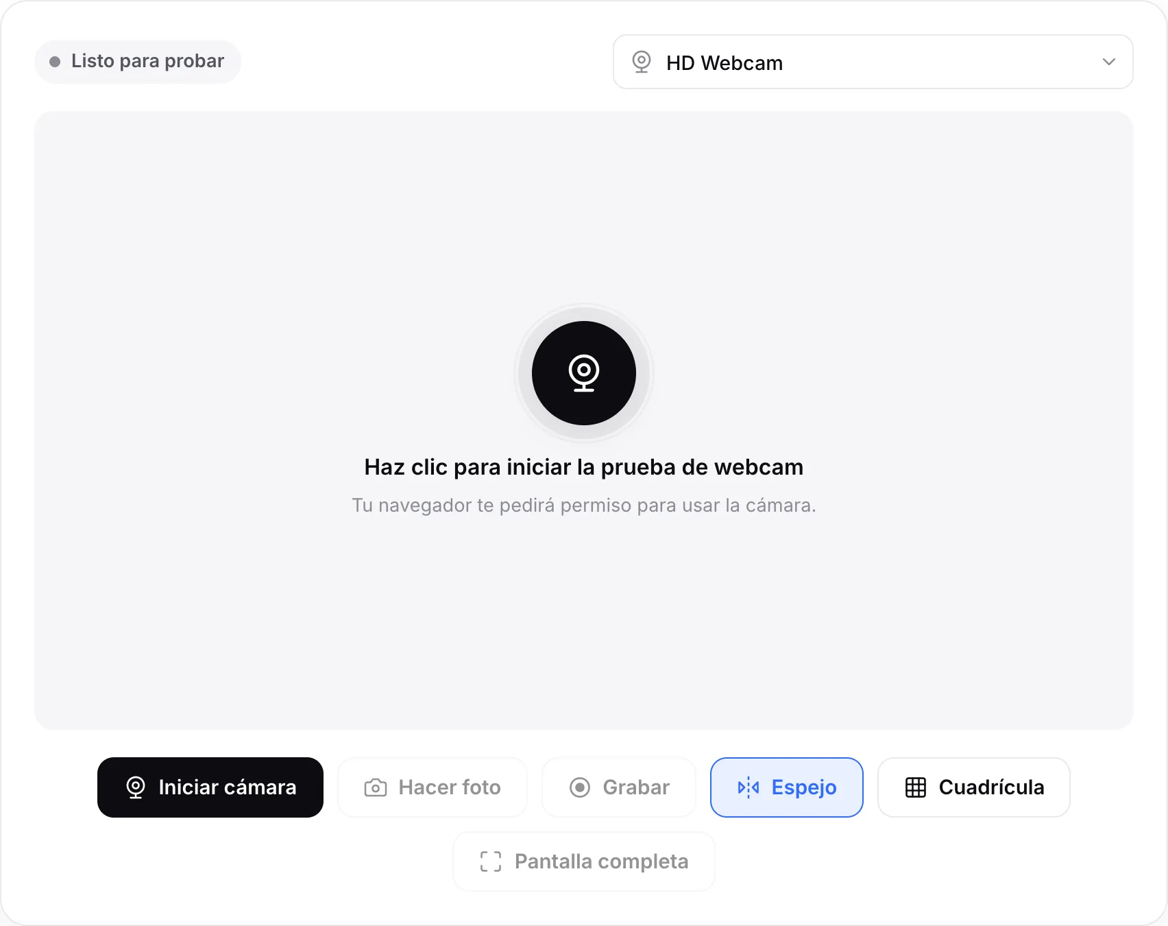 La prueba de webcam antes de empezar, con el botón Iniciar cámara y el menú de la cámara