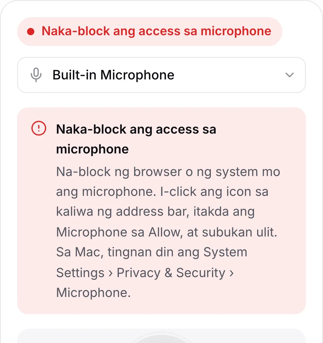 Ipinapakita ng mic test sa phone ang pulang mensaheng “Naka-block ang access sa microphone”