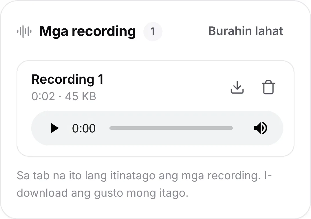 Isang recording sa phone na may haba nito, player at mga download at delete button