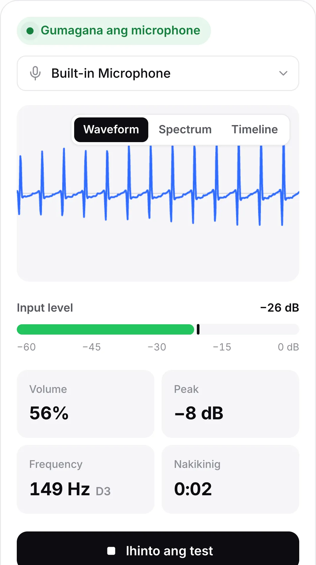 Ang mic test sa phone na may gumagalaw na waveform, input level na −25 dB at berdeng status na “Gumagana ang microphone”