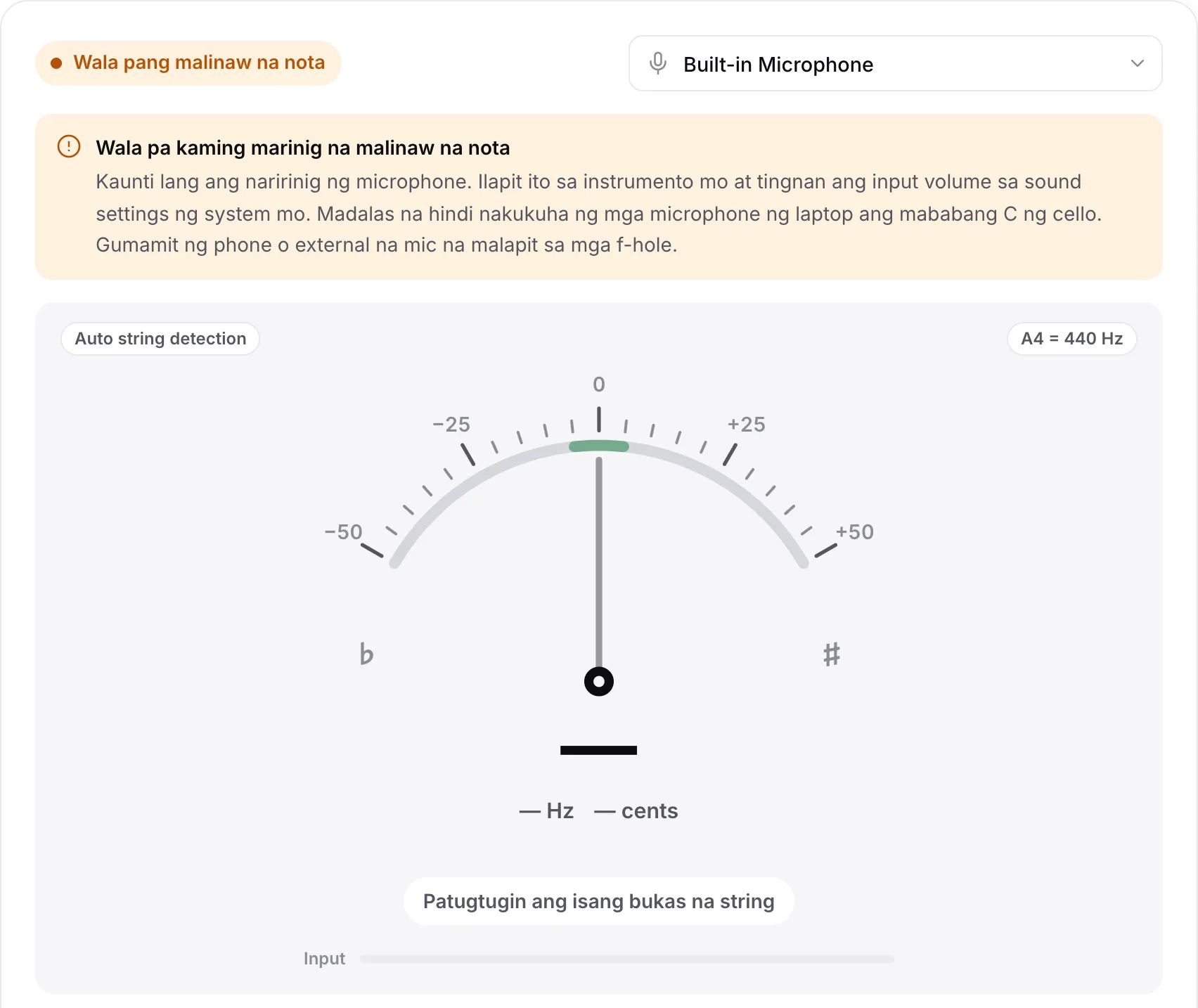 Ang tuner na may paunawang “Wala pa kaming marinig na malinaw na nota”, walang laman na Input bar at tip tungkol sa mga microphone ng laptop at sa mababang C