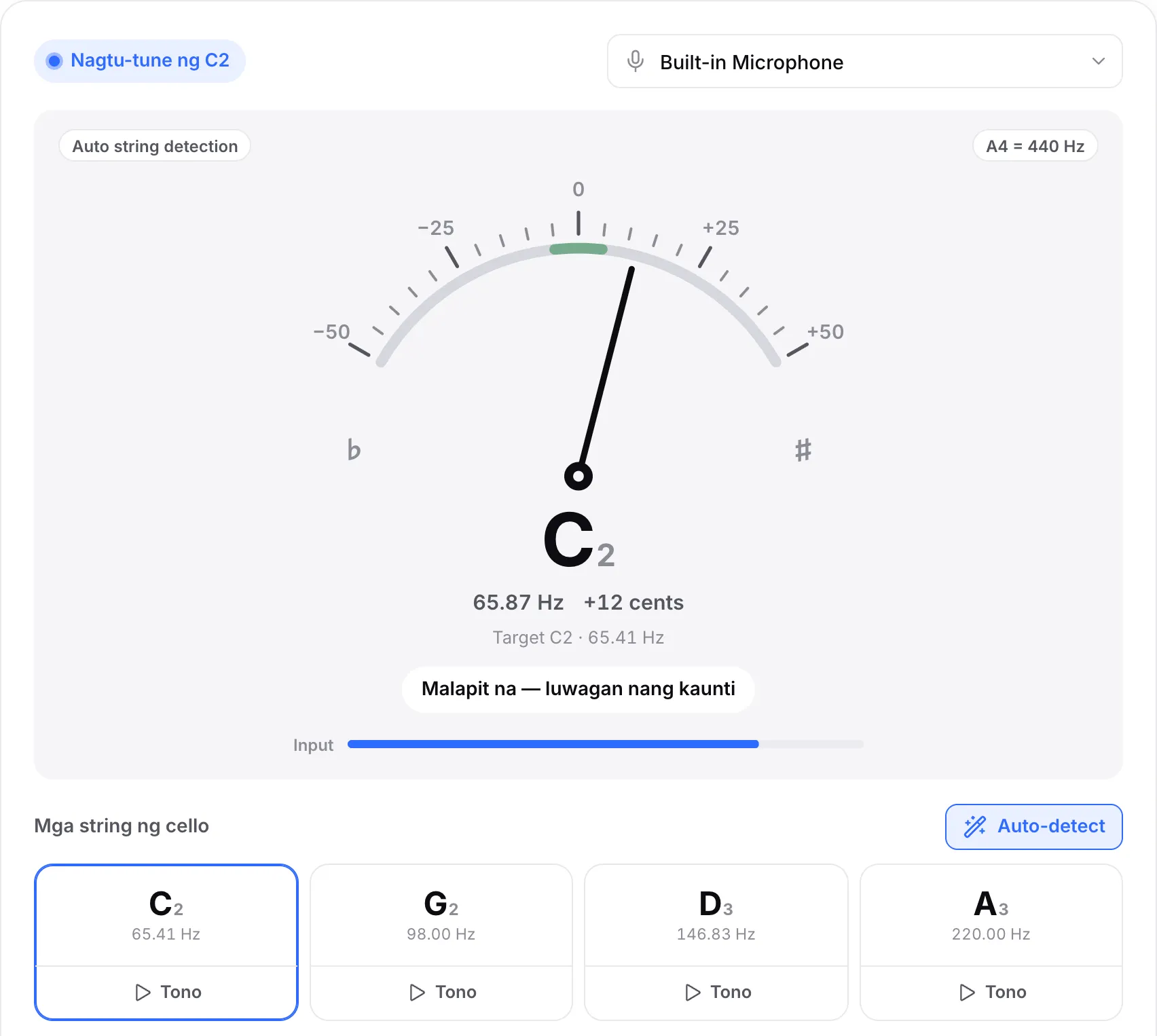 Ang C string na 12 cent na sharp: nakahilig pakanan ang karayom, ipinapakita ng readout ang C2 sa humigit-kumulang 65.9 Hz at sinasabi ng hint na “Almost — loosen slightly”