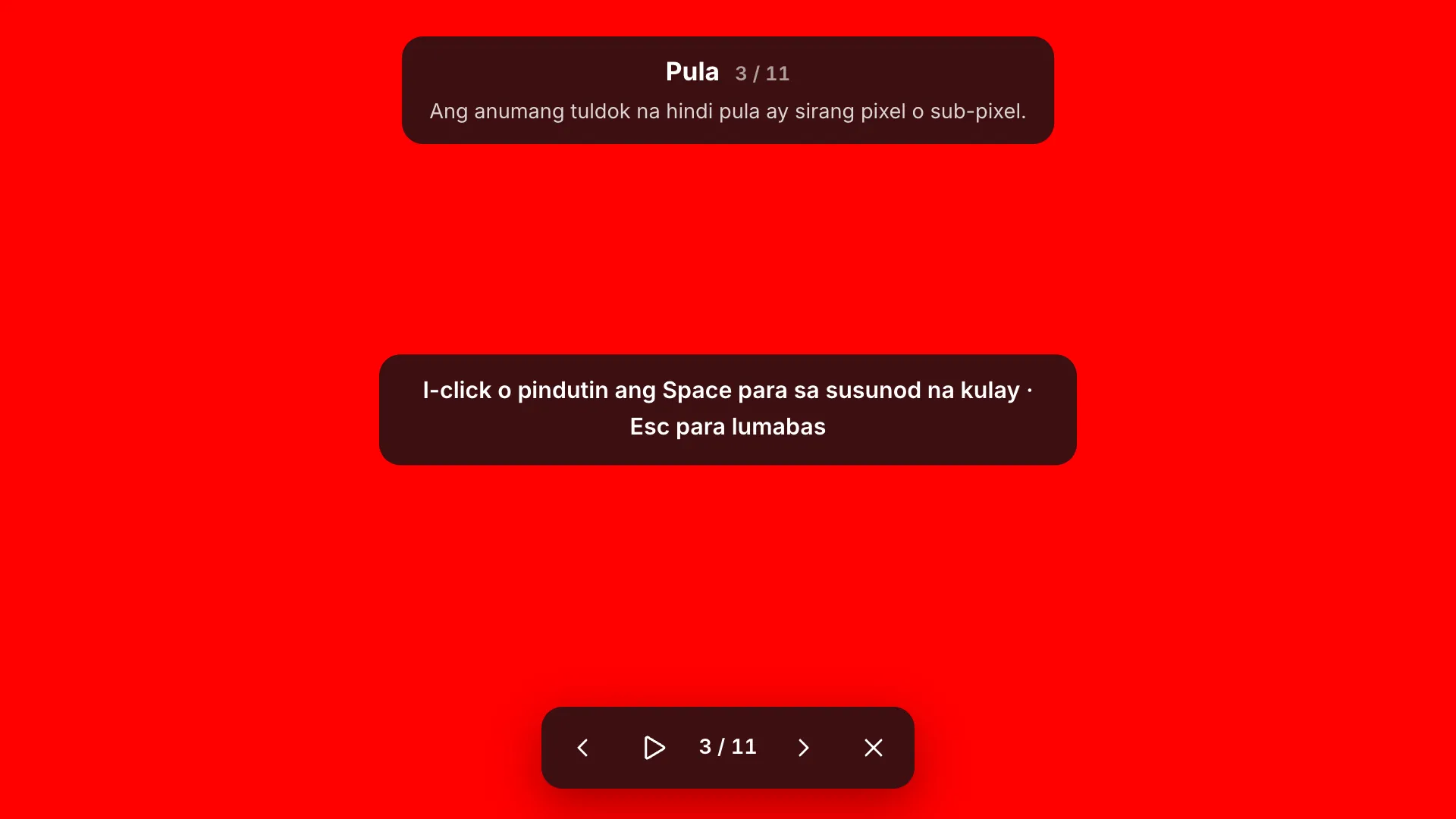 Ang full-screen na pulang test screen na may label na “Red 3 / 11” at ang tip nito, ang hint na “Click or press Space for the next colour · Esc to exit” at ang toolbar sa ibaba