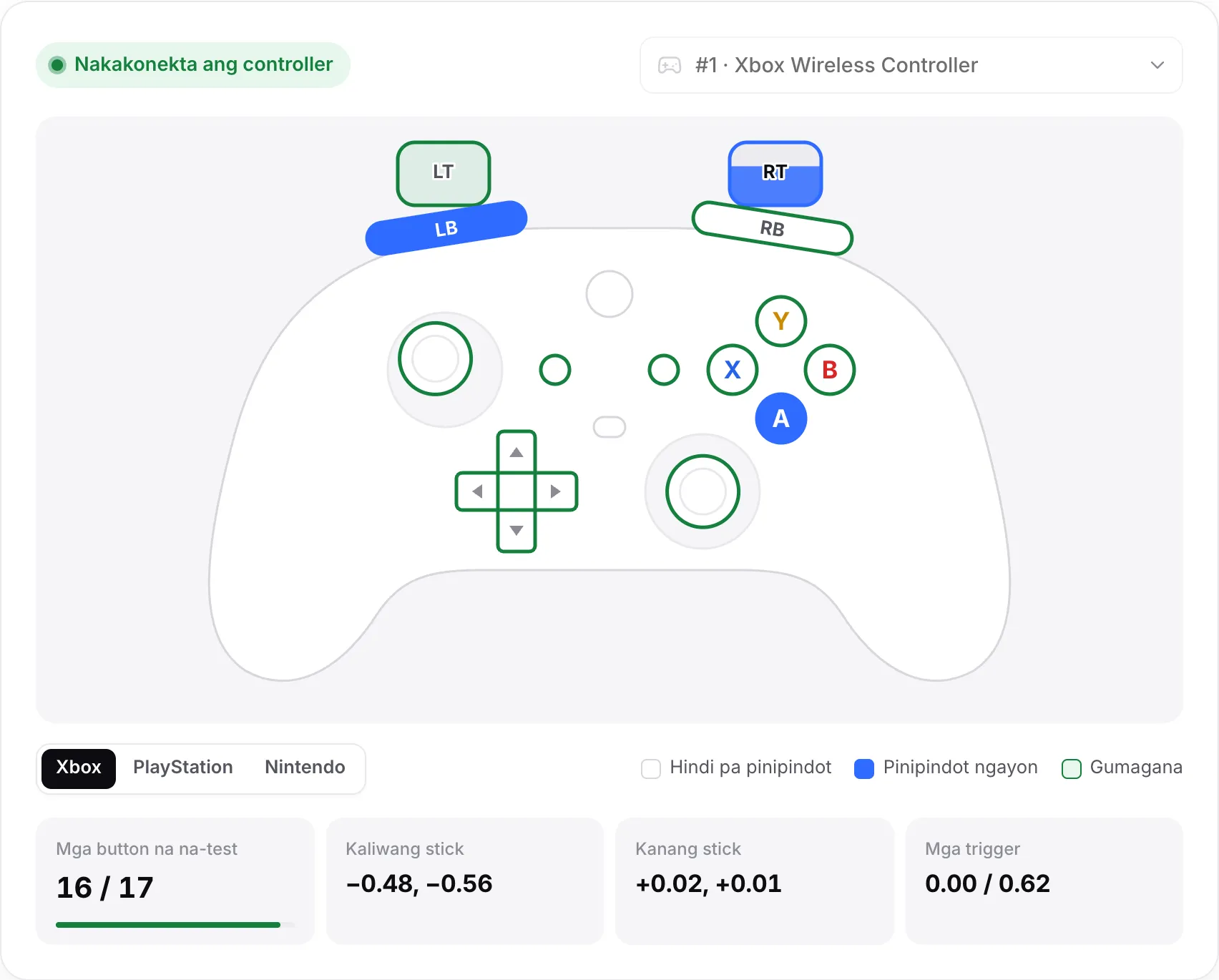 Diagram ng Xbox controller na berde ang karamihan ng button, pinindot na asul ang A at LB, ang kanang trigger na hinila sa 0.62 at ang Buttons tested sa 16 sa 17