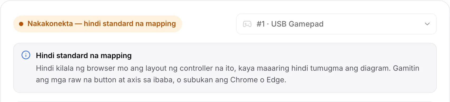 Ang tester na nagpapakita ng USB Gamepad na may orange na status na “Nakakonekta — hindi standard na mapping” at paunawang gamitin ang mga raw na value