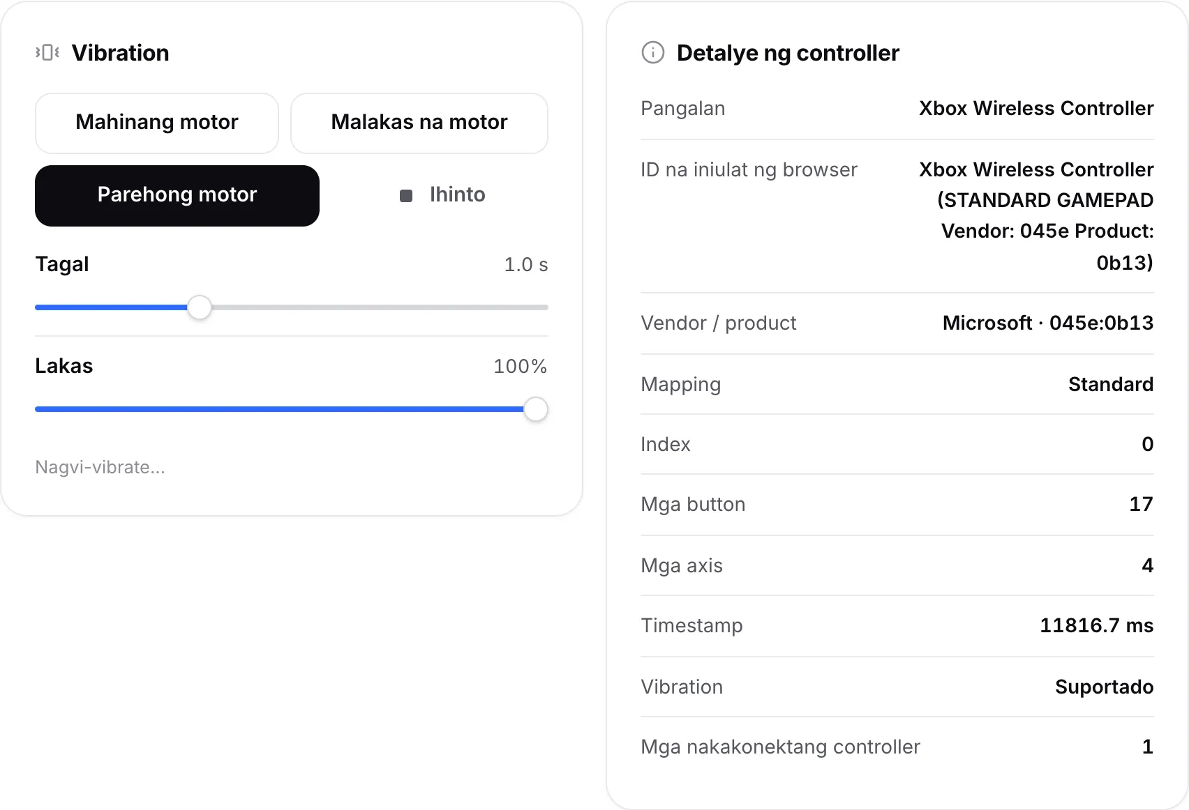 Ang Vibration panel na may mga button ng motor at slider sa tabi ng Controller details panel na nagpapakita ng pangalan, ID, vendor at mapping