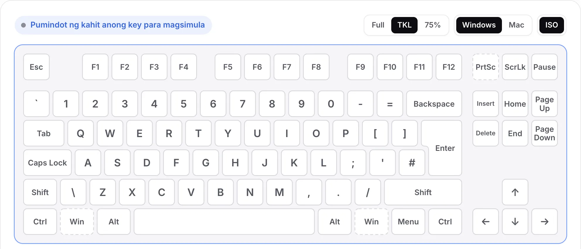 Ang TKL layout na naka-on ang ISO: matangkad na Enter key at dagdag na key sa tabi ng kaliwang Shift, walang numpad