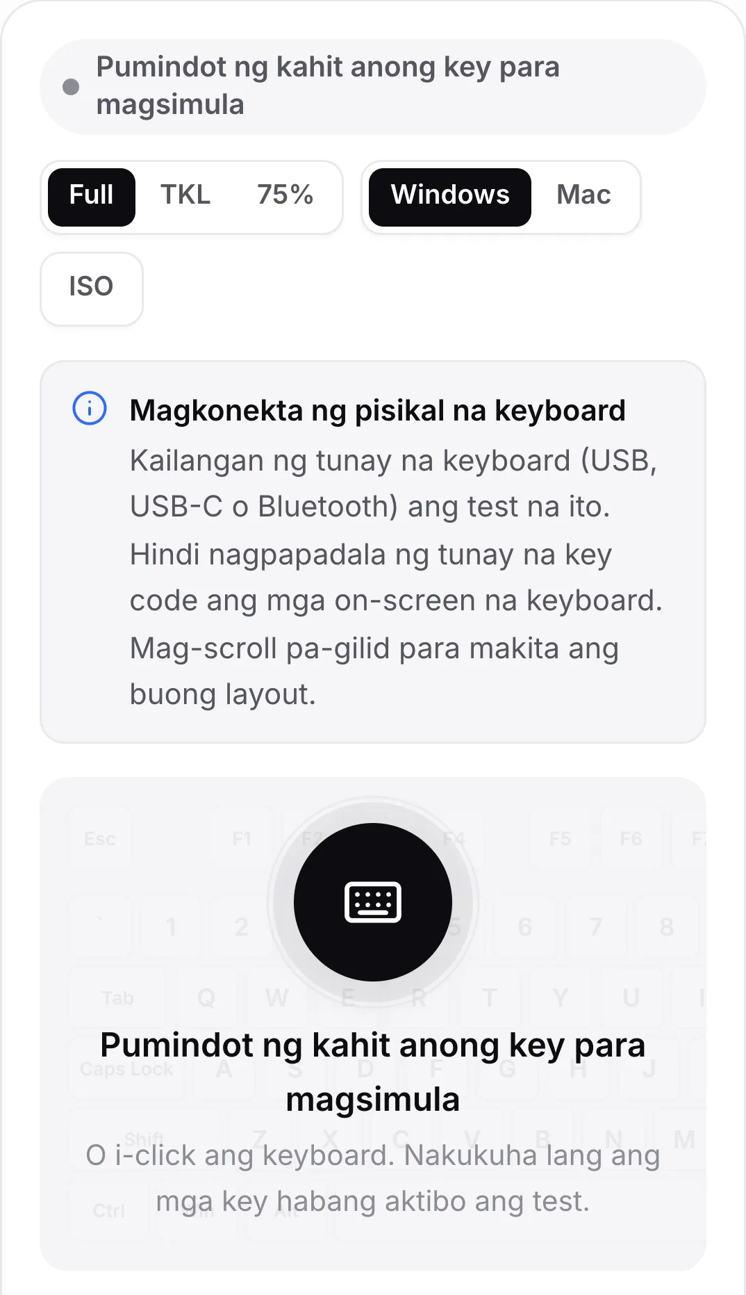 Ang keyboard test sa phone na may paunawang “Connect a physical keyboard”