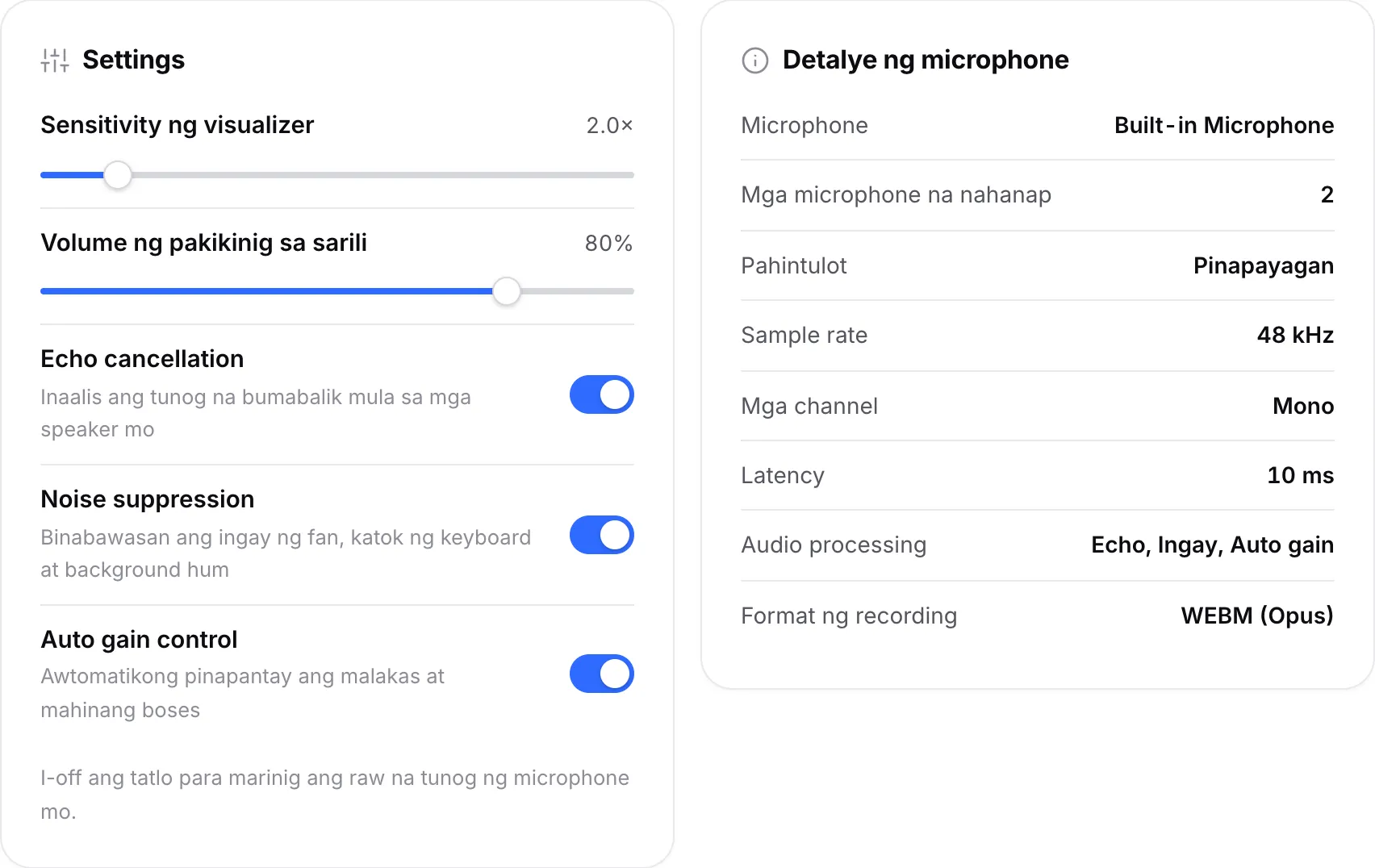 Ang Settings panel na may mga switch ng audio processing sa tabi ng Microphone details panel