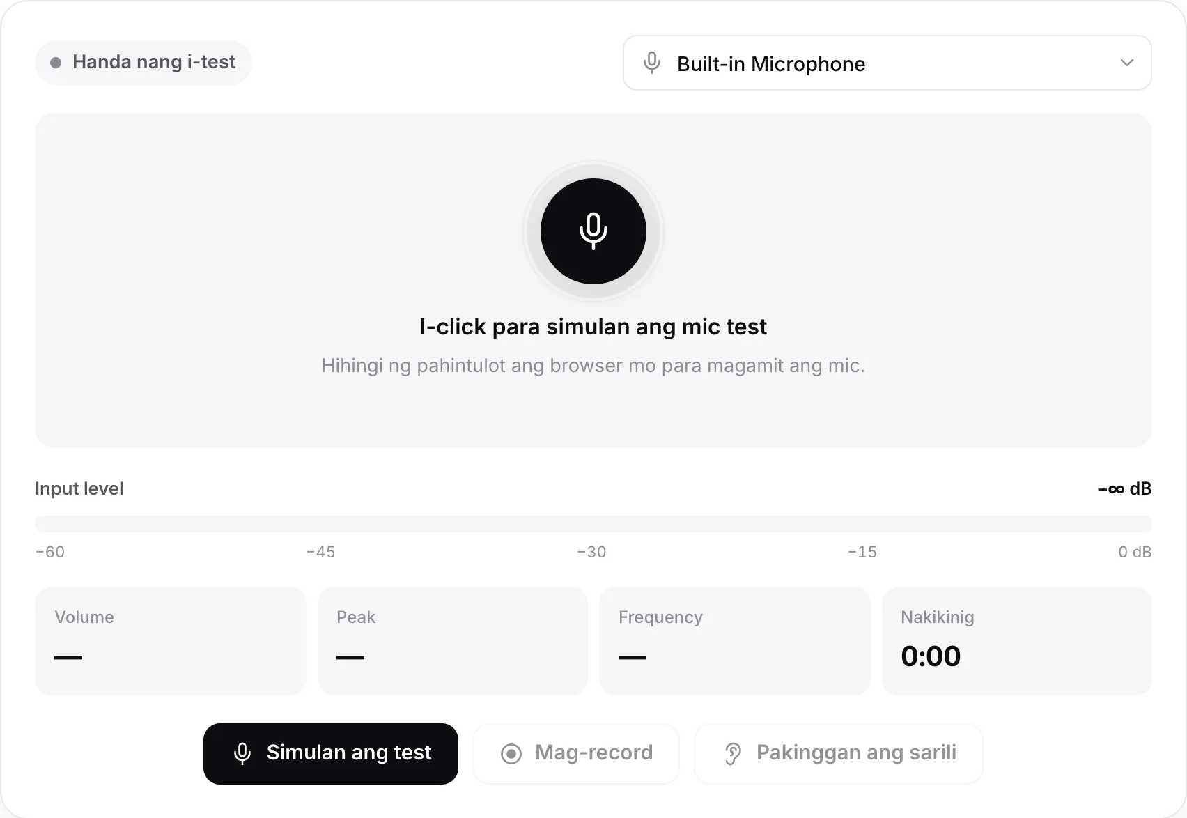 Ang mic test bago magsimula, kasama ang Start test button at ang microphone menu