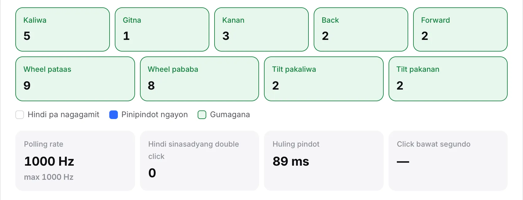 Ang mga live na basa na may polling rate na 1000 Hz at maximum na 1000 Hz