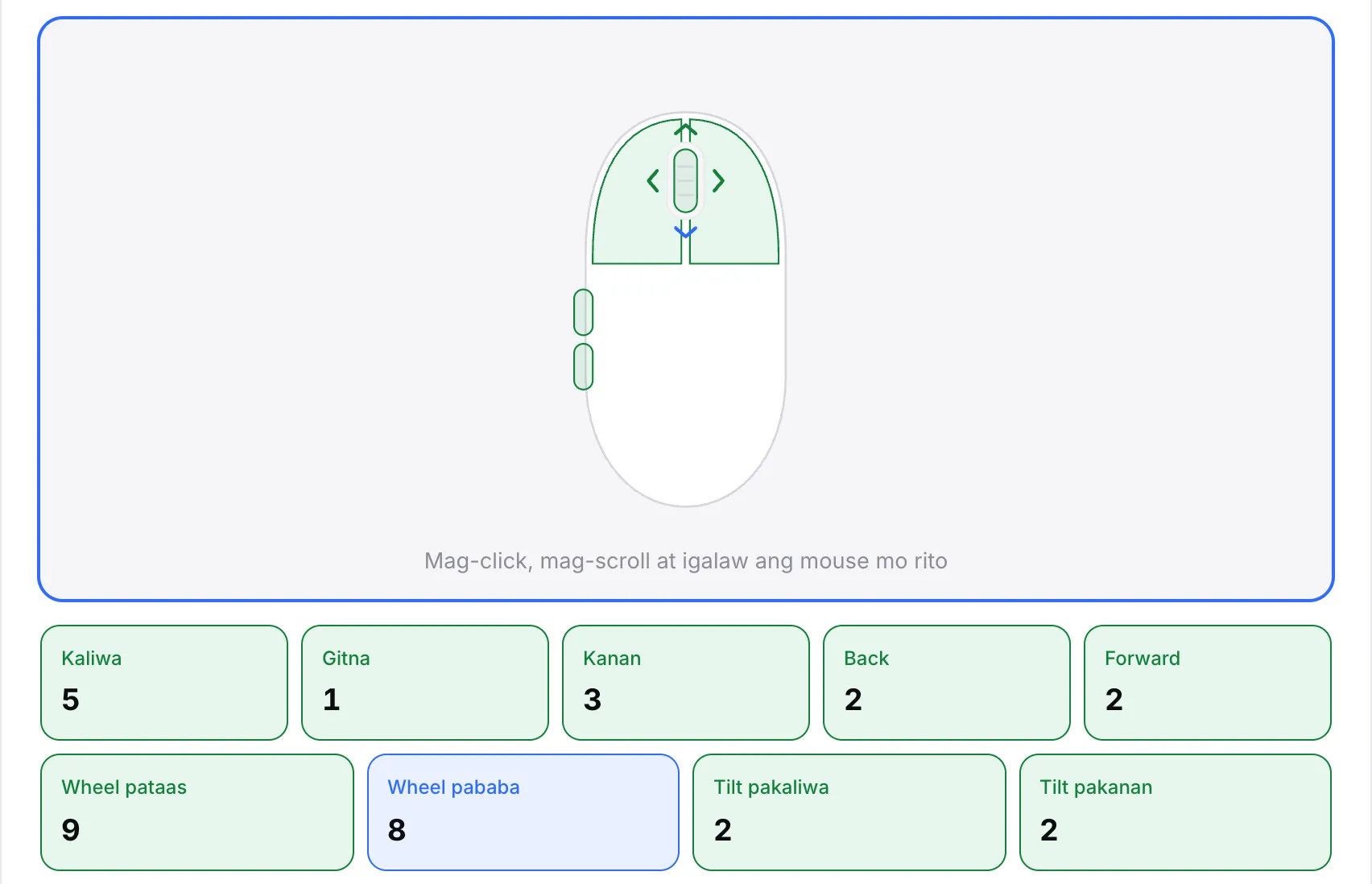 Ang mga arrow ng wheel sa drawing ng mouse na umiilaw, kasama ang mga counter para sa wheel pataas, wheel pababa, tilt pakaliwa at tilt pakanan